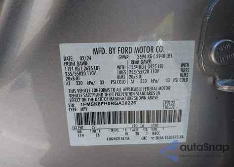 2024 Ford Explorer Limited z USA, uszkodzony, nr VIN 1FMSK8FH0RGA30226